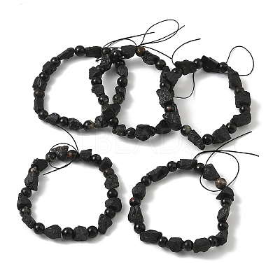 Natural Black Tourmaline Round and Nuggets Beaded Stretch Bracelets GG-CBA0C4C-01-1