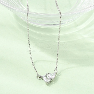 Brass Pave Cubic Zirconia Rectangle and Heart Pendant Cable Chain Necklaces KK-CBAB173-04P-04-1