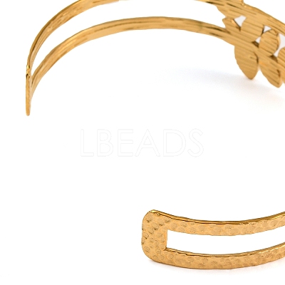 304 Stainless Steel Hollow Leaf Open Cuff Bangles for Women BJEW-K241-03A-G-1