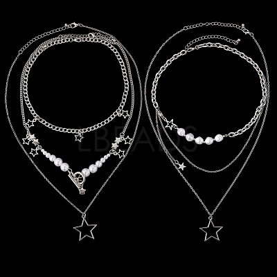 2 Sets 2 Styles Zinc Alloy Star Pendant Layered Necklaces for Women NJEW-SC0001-52-1