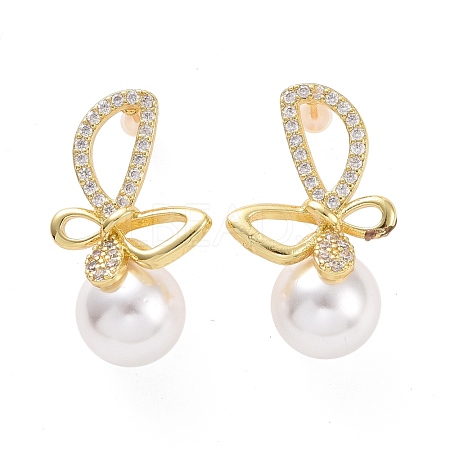 Clear Cubic Zirconia Butterfly with Plastic Pearl Dangle Stud Earrings EJEW-A072-05LG-1