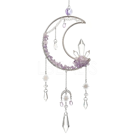 Moon Natural Amethyst & 304 Stainless Steel & Brass Suncatchers HJEW-TA00488-01-1