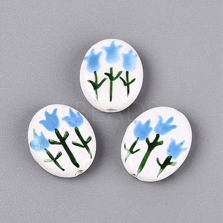 Hand Painted Tulip Flower Oval Porcelain Beads PORC-N012-11G-1