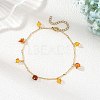 Natural Amber Chip Tassel Brass Bar Link Chain Anklets for Women AJEW-AN00889-1