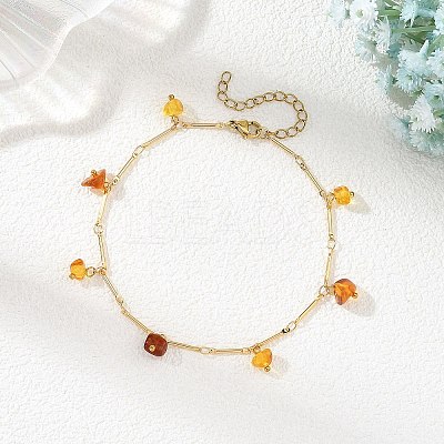 Natural Amber Chip Tassel Brass Bar Link Chain Anklets for Women AJEW-AN00889-1