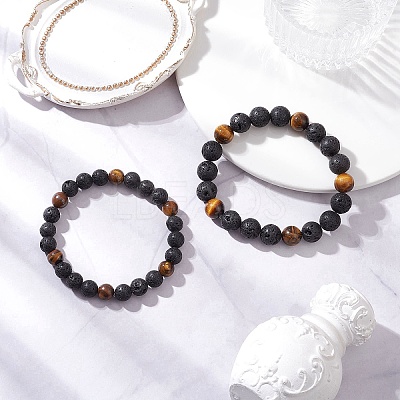 2Pcs 2 Styles Natural Lava Rock & Tiger Eye Round Beaded Stretch Bracelet Sets for Women Men BJEW-JB12248-1