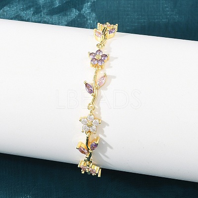 Brass Pave Cubic Zirconia Flower Link Chain Bracelets for Women KK-CBA68DA-14G-07-1