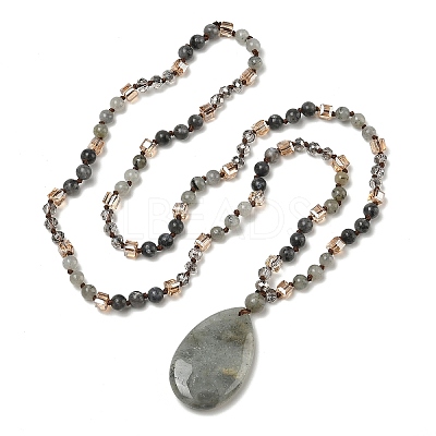 Natural Labradorite Teardrop Pendant Glass Beaded Long Necklaces GG-CBAE048-01D-1