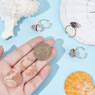 5Pcs 5 Styles Adjustable Conch Shell Brass Cuff Rings RJEW-WR0001-03-1