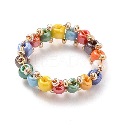 Round Glass Seed Beaded Finger Rings RJEW-JR00307-01-1