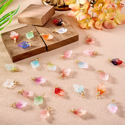 28Pcs 14 Colors Leaf Shape Handmade Lampwork Pendants PALLOY-TA00160-1