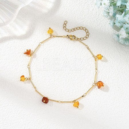 Natural Amber Chip Tassel Brass Bar Link Chain Anklets for Women AJEW-AN00889-1