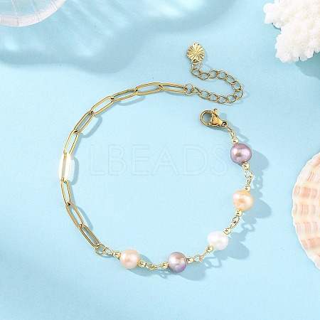 Natural Pearl Two Sides Polished Beaded Chain Bracelets with 304 Stainless Steel Paperclip Chains BJEW-JB14234-02-1