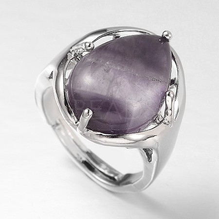 Teardrop Platinum Tone Brass Gemstone Adjustable Wide Band Rings RJEW-L062-02F-1