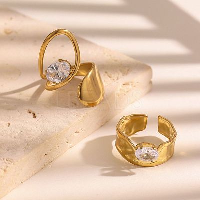304 Stainless Steel Rhinestone Open Cuff Rings for Women WGC538A-01-1