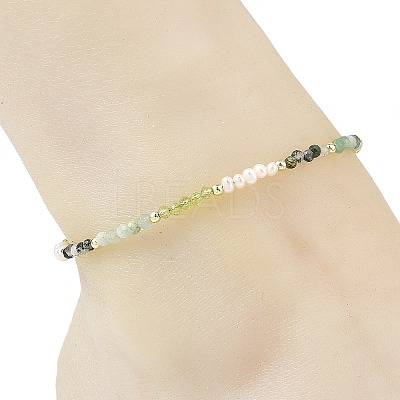 Gradient Faceted Round Natural Moss Agate & Green Aventurine & Potato Natural Pearl Beaded Anklets AJEW-AN00873-01-1