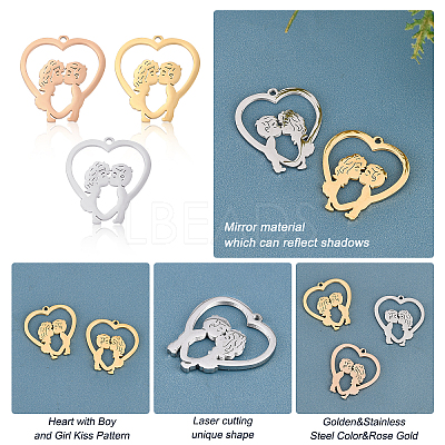 6Pcs 3 Colors 304 Stainless Steel Pendants STAS-UN0030-37-1