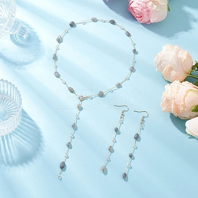 Handmade Natural Labradorite Beaded Chains Earring & Necklaces Sets SJEW-JS01342-03-1
