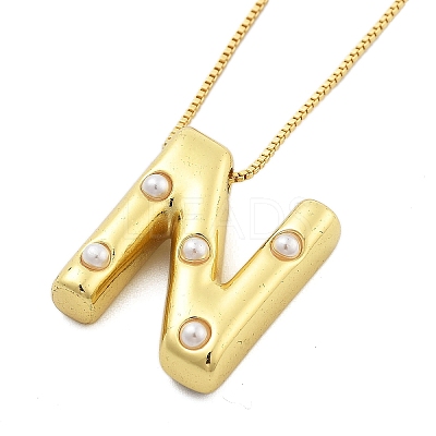 Brass & Plastic Pearl Letter Pendant Box Chain Necklaces for Women NJEW-U017-01G-14-1