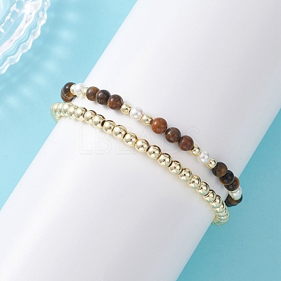 2Pcs Natural Tiger Eye & Shell Pearl & Non-magnetic Synthetic Hematite Beaded Stretch Bracelets for Women BJEW-JB12938-03-1