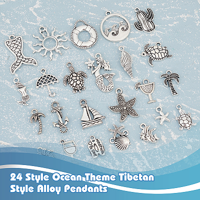 96Pcs 24 Style Ocean Theme Tibetan Style Alloy Pendants TIBEP-FG0001-13-1
