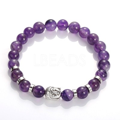 Buddha Head Gemstone Beaded Stretch Bracelets BJEW-JB01864-01-1