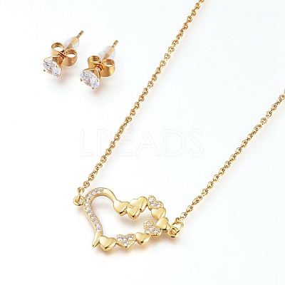 Brass Cubic Zirconia Pendant Necklace & Stud Earring Jeweley Sets SJEW-L154-11G-1