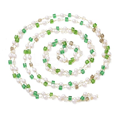 Faceted Cube Glass & ABS Plastic Imitation Pearl Beaded Chains CHS-G026-02KCG-01-1-1