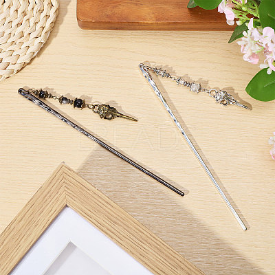 2Pcs 2 Colors Alloy & Glass Hair Sticks OHAR-CA00001-1