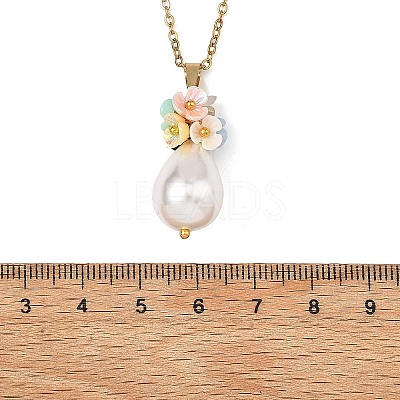Electroplate Shell Pearl Flower Teardrop Pendant 304 Stainless Steel Cable Chain Necklaces for Women NJEW-JN06193-1