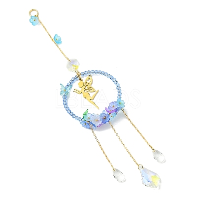 Teardrop Flower Glass & Acrylic Beads Suncatcher with 201 Stainless Steel Fairy Pendants HJEW-JM04988-02-1
