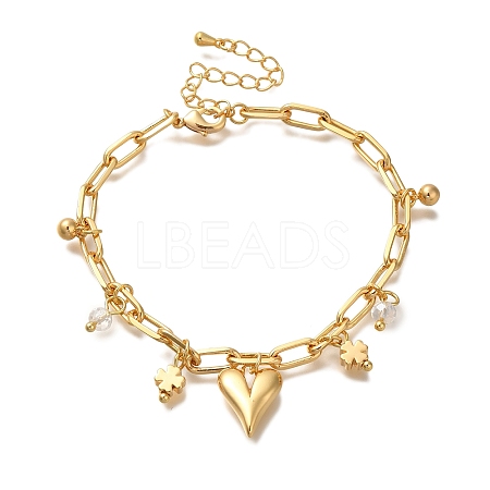 Heart & Clover Brass Charm Bracelets BJEW-L696-009G-1