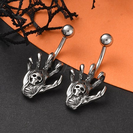 Skull Devil Hand 316 Surgical Stainless Steel Belly Button Rings/Earrings EJEW-G416-12AS-1