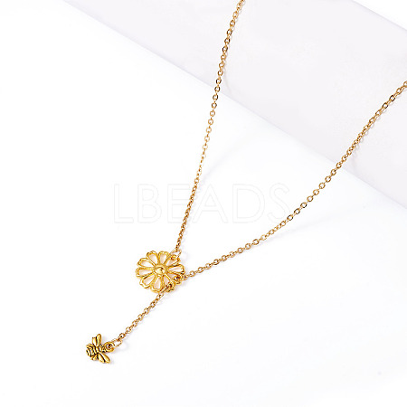 Adjustable 304 Stainless Steel Cable Chain Necklaces Flower & Bees Alloy Charm Lariat Necklaces for Women NJEW-TAC0017-02-1