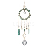 Natural Green Aventurine Chip Pendant Decorations with Brass Moon & Cable Chain & Electroplated Quartz Crystal Tassel HJEW-JM01650-01-1
