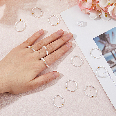 12Pcs Plastic Imitation Pearl & Brass Beaded Stretch Ring RJEW-FI0001-10-1