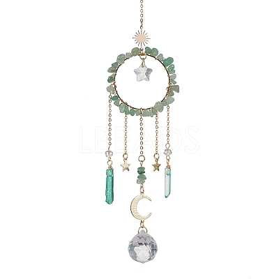 Natural Green Aventurine Chip Pendant Decorations with Brass Moon & Cable Chain & Electroplated Quartz Crystal Tassel HJEW-JM01650-01-1