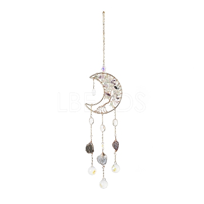 Natural Fluorite Chips Beaded Moon with Tree of Life Hanging Sun Catchers HJEW-M004-12-1