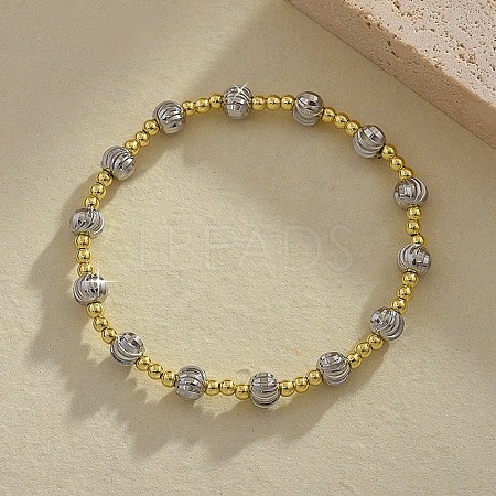 Brass Round Beaded Stretch Bracelets for Women Men BJEW-Z129-01GP-1