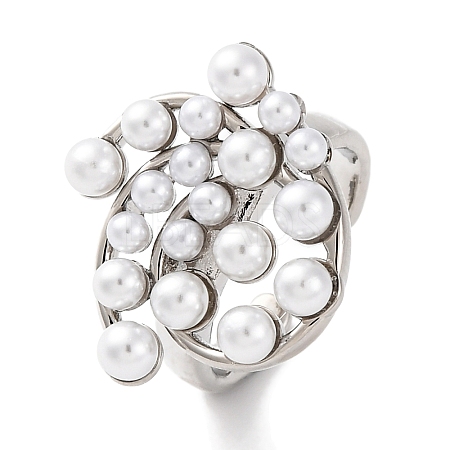 Rack Plating Flower Brass ABS Imitation Pearl Open Cuff Rings for Women RJEW-S242-08P-1