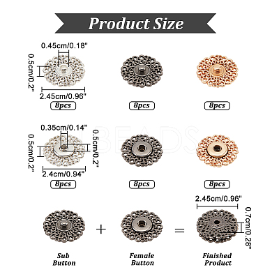 24Pcs 3 Colors Alloy & Brass Snap Buttons FIND-NB0003-65-1