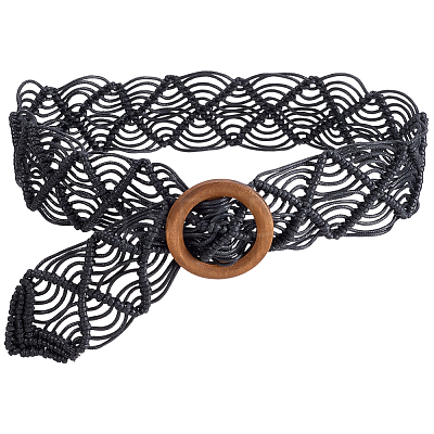 Cloth Woven Rhombus with Wood Chain Belts for Women AJEW-WH20019-125C-1