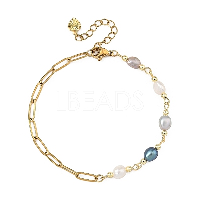 Natural Pearl Rice Beaded Chain Bracelets with 304 Stainless Steel Paperclip Chains BJEW-JB14234-01-1