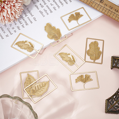 16Pcs 4 Styles Brass Rectangle with Leaf Bookmarks AJEW-DR0001-70-1