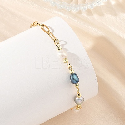 Natural Pearl Rice Beaded Chain Bracelets with 304 Stainless Steel Paperclip Chains BJEW-JB14234-01-1
