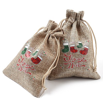 30Pcs 15 Styles Christmas Printed Jute Cloth Storage Pouches ABAG-YW0001-10-1
