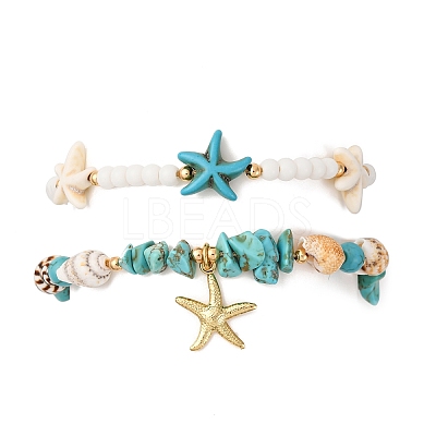 2Pcs 2 Styles Summer Beach Synthetic Turquoise & Natural Sea Shell & Glass Braided Bead Anklets AJEW-TA00039-1