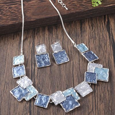 Square Zinc Alloy Enamel Pendant Necklaces & Stud Dangle Earrings Sets FS-WG2E030-08-1