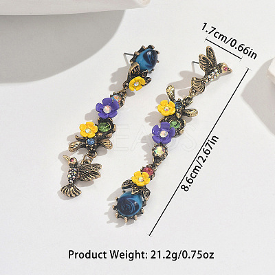 Alloy & Resin & Rhinestone Bird with Flower Stud Dangle Earrings for Women WG2278B-01-1