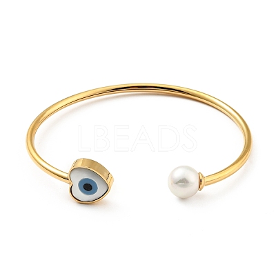 Shell Pearl & Heart with Evil Eye Open Cuff Bangle BJEW-G647-03G-1
